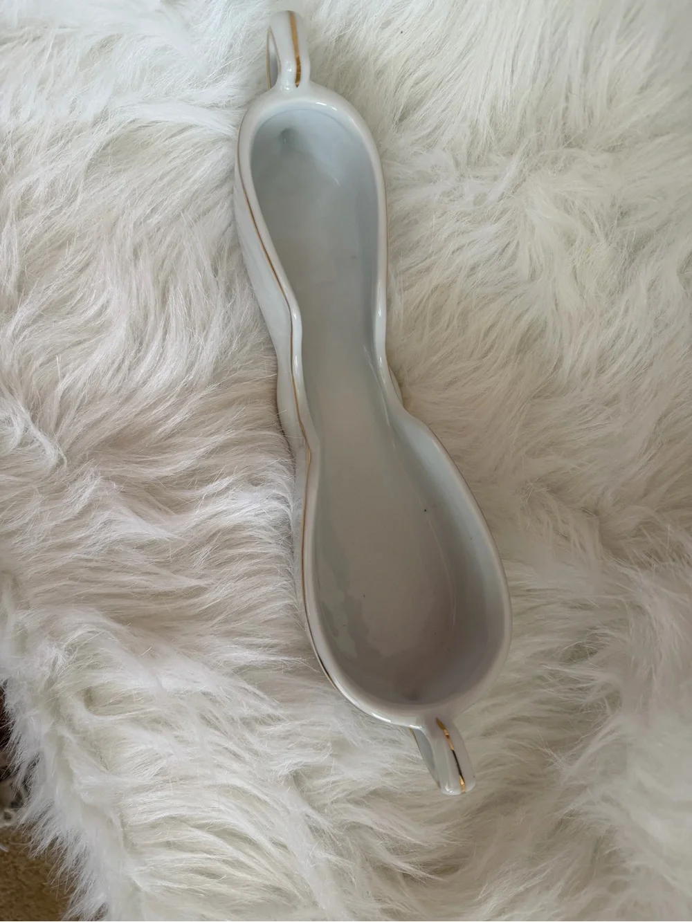 Elegant White Porcelain Utensil Holder Double Dish with Gold Trim